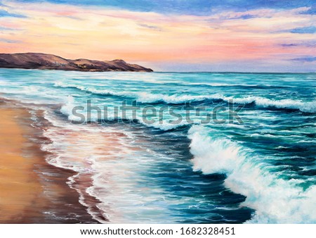 Original  oil painting of beautiful sunset over ocean beach on canvas.Modern Impressionism, modernism,marinism