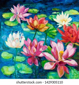 Original Oil Painting Of Beautiful Water Lily(Nymphaeaceae) On Canvas.Modern Impressionism