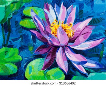 Original Oil Painting Of Beautiful Water Lily(Nymphaeaceae) On Canvas.Modern Impressionism