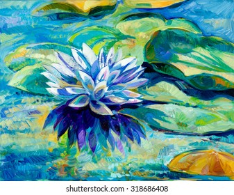 Original Oil Painting Of Beautiful Water Lily(Nymphaeaceae) On Canvas.Modern Impressionism