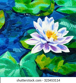 Original Oil Painting Of Beautiful Water Lily(Nymphaeaceae) On Canvas.Modern Impressionism