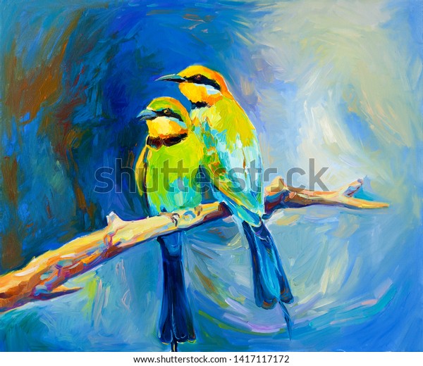 Original oil painting of blue tailed bee eaters, song birds on canvas. Modern impressionism.