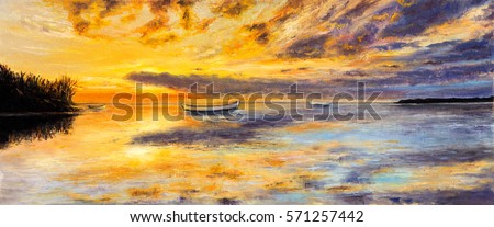 Original oil painting of boat and sea on canvas. Rich golden sunset over ocean.Panorama.Modern Impressionism