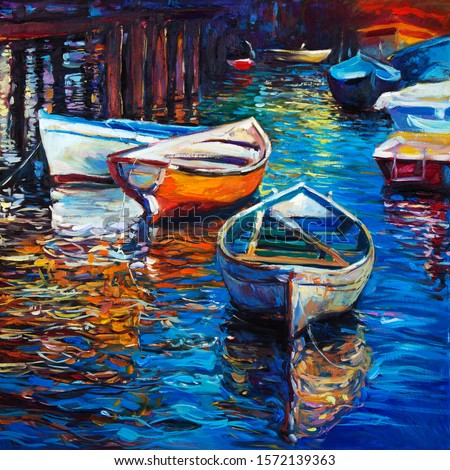 Original oil painting of boats and jetty(pier) on canvas.Rich golden Sunset over ocean.Modern Impressionism