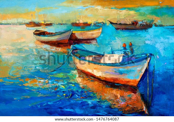 Original oil painting of boats\
and jetty(pier) on canvas.Sunset over ocean.Modern\
Impressionism