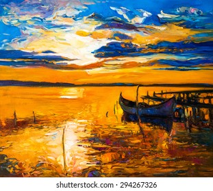 Original oil painting of boats and sea on canvas. Sunset over ocean. Modern Impressionism by Nikolov