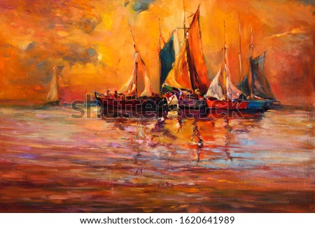 Original oil painting of boats and sea on canvas. Rich golden sunset over ocean.Modern Impressionism