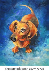 Original Oil Painting. Drawn Dog Of The Dachshund Breed. Animalistic. Ginger Dog On A Blue Background. Contrast Color.