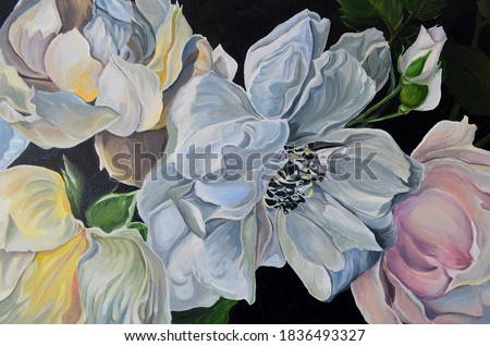 Original oil painting. Drawn flowers close-up. Beautiful, delicate, light flowers. Painting in the interior.