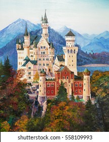 Original Oil Painting Famous Neuschwanstein Castle Stock Illustration ...