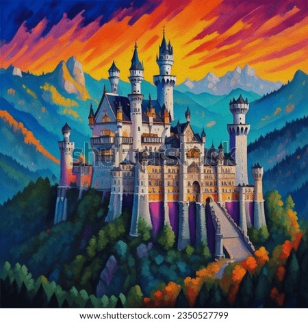 Original oil painting of famous Neuschwanstein castle in Bavaria, Germany.