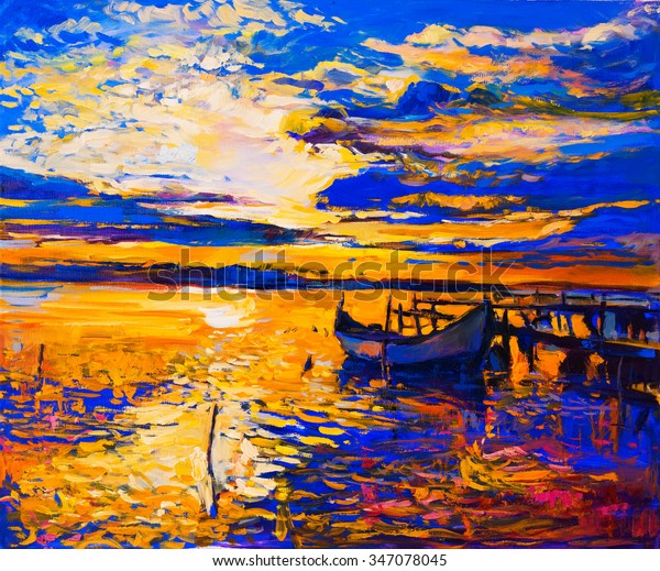 Original Oil Painting Fishing Boat Sunset Stock Illustration 347078045 ...