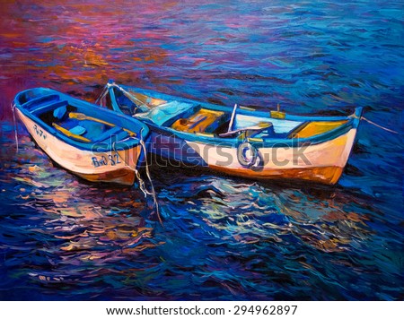 Original oil painting- fishing boats - Modern impressionism by Nikolov