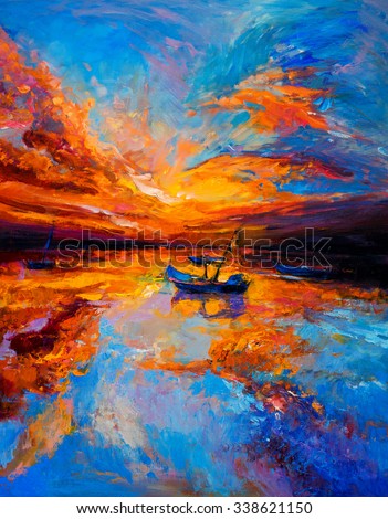 Original oil painting- fishing boats and sunset - Modern impressionism 