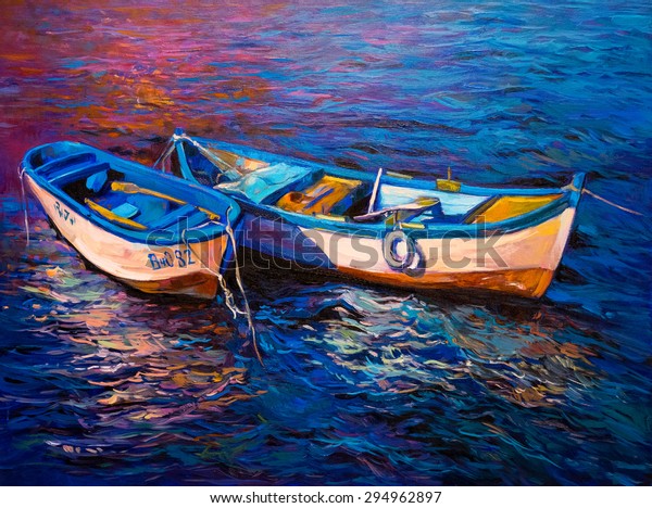 Original Oil Painting Fishing Boats Modern Stock Illustration 294962897