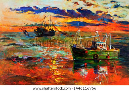 Original oil painting of fishing ships and sea on canvas.Sunset over ocean.Modern Impressionism