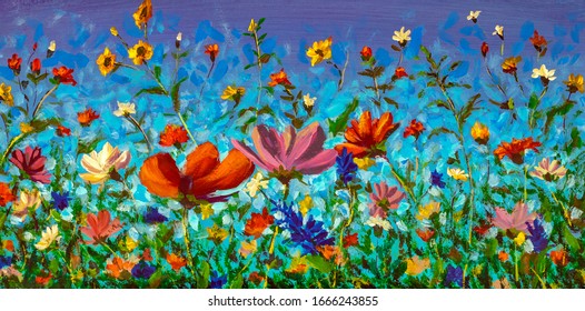 Original oil painting of flowers, beautiful field flowers on canvas. Modern Impressionism flower fine art. Impasto wildflowers artwork.