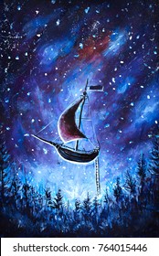 Original oil painting Flying an old pirate ship. Beautiful Sea ship is flying above starry sky - abstract fairy tale, dream. Peter Pan. Illustration. Postcard painting.