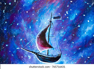 Original oil painting Flying an old pirate ship. Beautiful Sea ship is flying above starry sky - abstract fairy tale, dream. Peter Pan. Illustration. Postcard painting.
