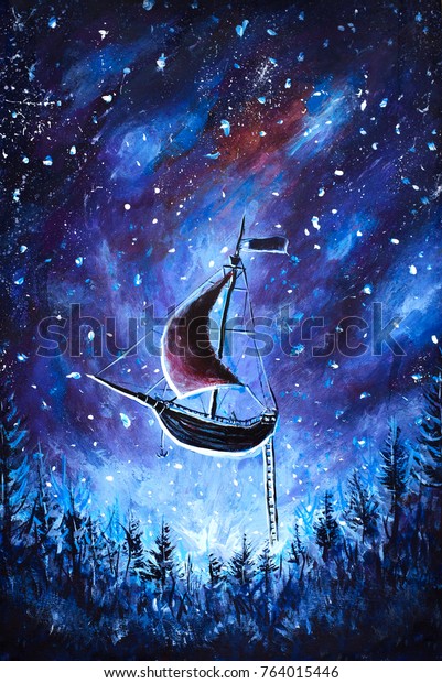 原油絵古い海賊船を飛ばす 美しい海の船が星空の上を飛んでいる 抽象的なおとぎ話 夢 ピーターパン イラトス はがきの絵 のイラスト素材