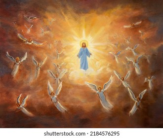 Original Oil Painting Of God Surrounded By Angels In The Heavenly Kingdom On Canvas.Modern Impressionism, Modernism,marinism