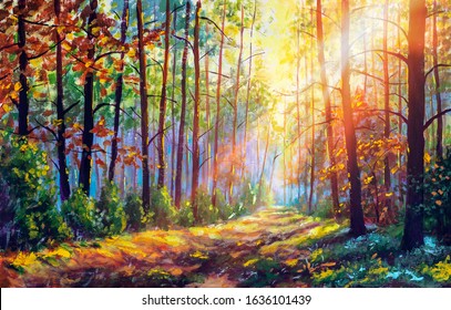 Original oil painting gorgeous forest in autumn, scenic landscape with pleasant warm sunshine fine art