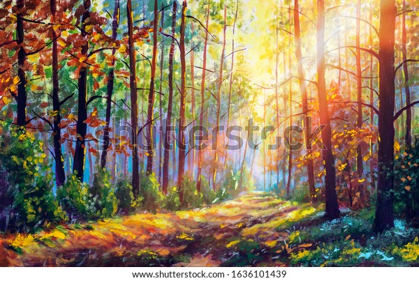 Original Oil Painting Gorgeous Forest Autumn Stock Illustration ...