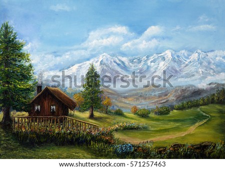 Original oil painting of house or chalet in the mountains on canvas.Mountain landscape.Modern Impressionism