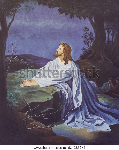 Originale Olmalerei Von Jesus Prays Im Stockillustration 631389761