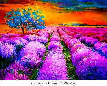 Original oil painting of lavender fields on canvas. Sunset over lavender field. Modern Impressionism