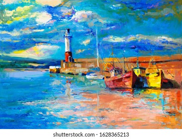 Original oil painting  lighthouse   boats canvas Rich golden  Sunset over ocean Modern Impressionism