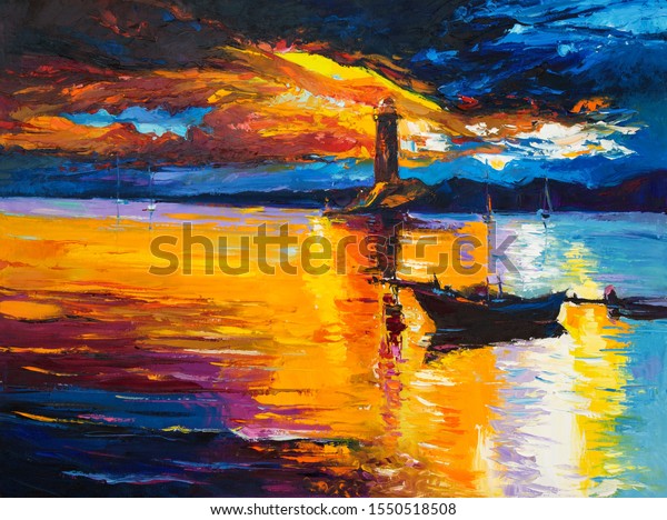 Original Oil Painting Lighthouse Boats On Stock Illustration 1550518508