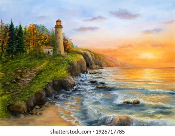 Original oil painting  lighthouse   cliffs Golden sunset over ocean coastline canvas Modern Impressionism