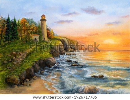 Original oil painting of  lighthouse and cliffs.Golden sunset over ocean coastline on canvas.Modern Impressionism
