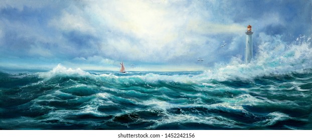 Original oil painting of  lighthouse and storm in ocean on canvas.Modern Impressionism
