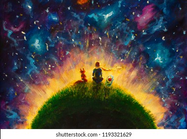 Original oil painting Little prince and fox and Red Rose sitting on grass under starry sky. Colorful illustration.