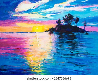 Original oil painting of lonely island and sea on canvas.Rich colorful Sunset over ocean.Modern Impressionism