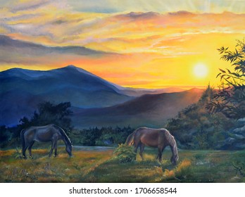 Original oil painting. Mountain landscape at sunset background. Horses drawn in the foreground. Beautiful summer evening. Picturesque sunset.