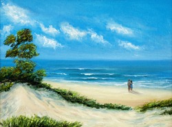 Original Oil Painting Of  Ocean And Beach On Canvas.Young Couple Enjoying The Landscape.Modern Impressionism
