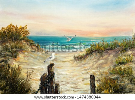 Original  oil painting of ocean beach dunes with seagulls  on canvas.Modern Impressionism, modernism,marinism