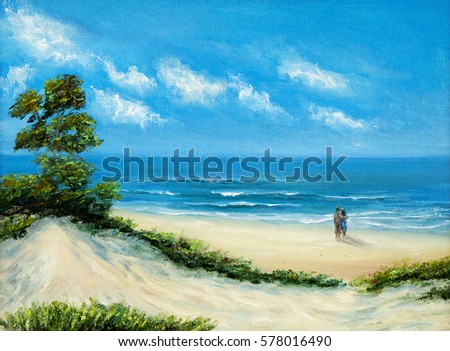 Original oil painting of  Ocean and beach on canvas.Young couple enjoying the landscape.Modern Impressionism