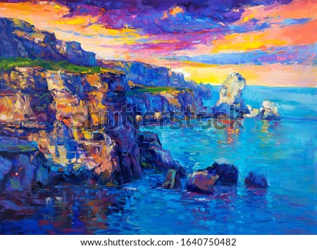 Original oil painting of  Ocean and cliffs on canvas.Rich golden  Sunset over ocean.Modern Impressionism