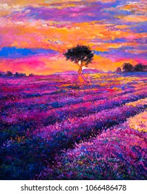 Original Oil Painting on canvas. Lavender landscape with tree. Modern art