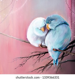 Original oil painting on canvas of two parrot lovebird is sitting on branch close each other 