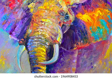 Original oil painting on canvas. Abstract, multicolored elephant. Convex strokes.