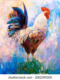 Original Oil Painting On Canvas. Rooster Painting. Modern Art.