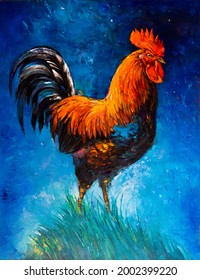 Original Oil Painting On Canvas. Rooster Painting. Modern Art.