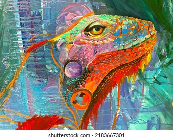 Original Oil Painting On Canvas. Abstract Lizard. Large Lizard. Iguana. Abstract Background. Sketch  