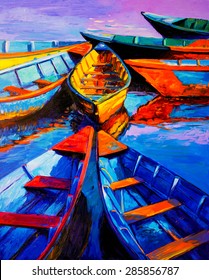 Original Oil Painting On Canvas. Boats And Sea. Modern Impressionism By Nikolov