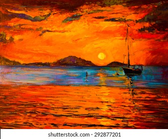 Original Oil Painting on Canvas. Sunset over the ocean- Modern impressionism by Nikolov